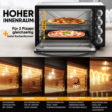 Stillstern Minibackofen mit Umluft (60L) NEU: CYCLONE PRO+ (Antihaftbeschichtung), DE Version, Airfryer-Einsatz, Rezeptheft, Drehspieß, 2200W Toaster Grill Pizzaofen Mini Backofen auch für Camping