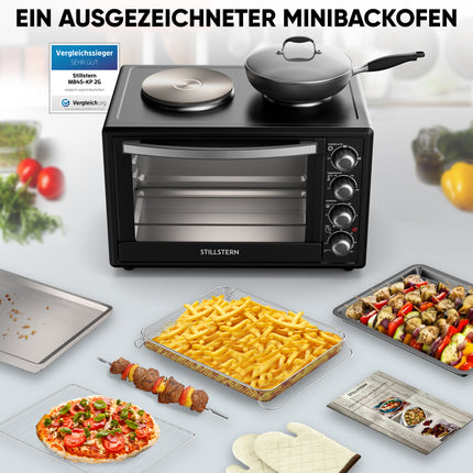 Stillstern Minibackofen mit Kochplatten (45L, Pizza Ø32cm, 7in1: Heißluftfritteuse, Auftauen, Grill, Toaster, Backen, Braten, Kochen) Frittierkorb, Umluft, Drehspieß, Rezeptheft, Ideal für Camping