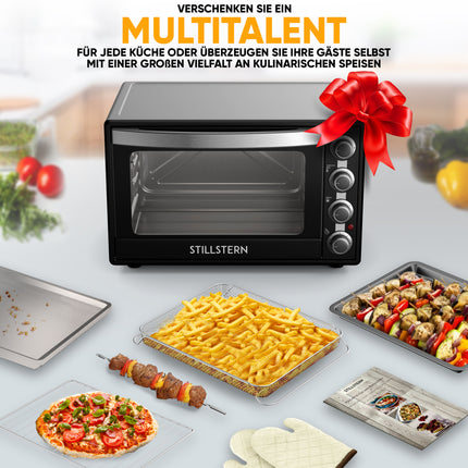 Stillstern Minibackofen mit Umluft (60L) NEU: CYCLONE PRO+ (Antihaftbeschichtung), DE Version, Airfryer-Einsatz, Rezeptheft, Drehspieß, 2200W Toaster Grill Pizzaofen Mini Backofen auch für Camping