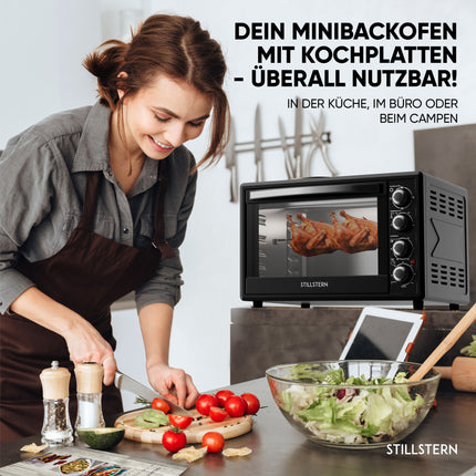 Stillstern Minibackofen mit Kochplatten (45L, Pizza Ø32cm, 7in1: Heißluftfritteuse, Auftauen, Grill, Toaster, Backen, Braten, Kochen) Frittierkorb, Umluft, Drehspieß, Rezeptheft, Ideal für Camping