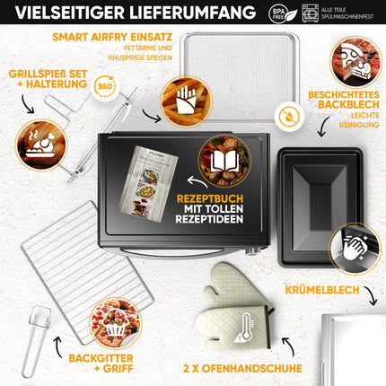 Stillstern Minibackofen mit Umluft (60L) NEU: CYCLONE PRO+ (Antihaftbeschichtung), DE Version, Airfryer-Einsatz, Rezeptheft, Drehspieß, 2200W Toaster Grill Pizzaofen Mini Backofen auch für Camping